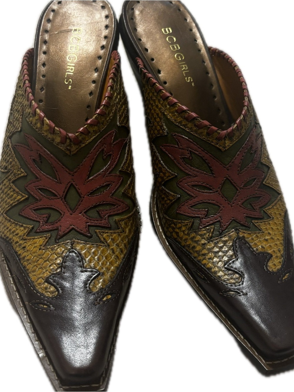 BCBGirls Brown/Mustard, Olive & Mauve Western Pointed Toe Slip-On Mules • Size 7